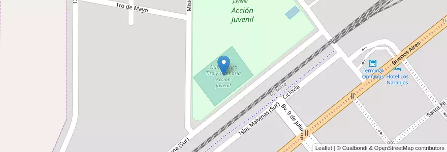 Mapa de ubicacion de Club Atlético Tiro y Gimnasia Acción Juvenil en アルゼンチン, コルドバ州, Departamento Juárez Celman, Pedanía Carnerillo, Municipio De General Deheza, General Deheza.