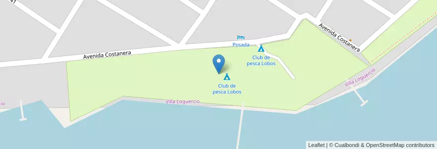Mapa de ubicacion de Club de pesca Lobos en アルゼンチン, ブエノスアイレス州, Partido De Lobos, Cuartel Villa Loguercio, Villa Loguercio.