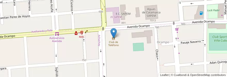 Mapa de ubicacion de Club de Teléfono en 아르헨티나, Catamarca, Departamento Capital, Municipio De San Fernando Del Valle De Catamarca, San Fernando Del Valle De Catamarca.