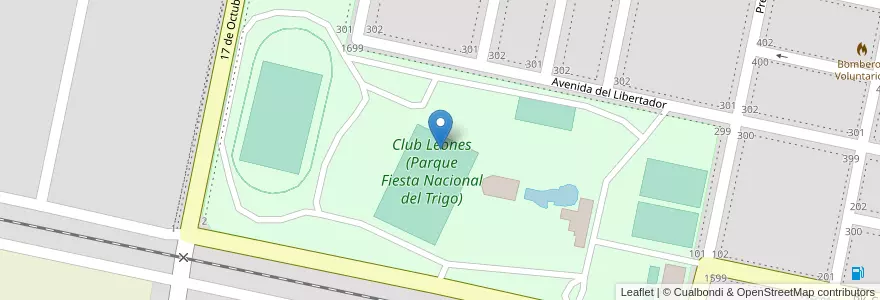 Mapa de ubicacion de Club Leones (Parque Fiesta Nacional del Trigo) en آرژانتین, Córdoba, Departamento Marcos Juárez, Pedanía Espinillos, Municipio De Leones, Leones.