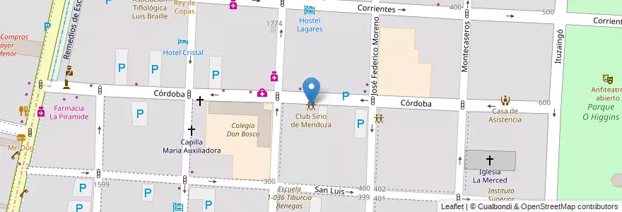Mapa de ubicacion de Club Sirio de Mendoza en Arjantin, Şili, Mendoza, Departamento Capital, Ciudad De Mendoza, Sección 3ª Parque O'Higgins.