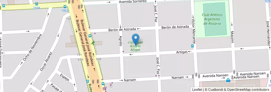Mapa de ubicacion de Club Social Arroyito Artigas en Аргентина, Санта-Фе, Departamento Rosario, Municipio De Rosario, Росарио.