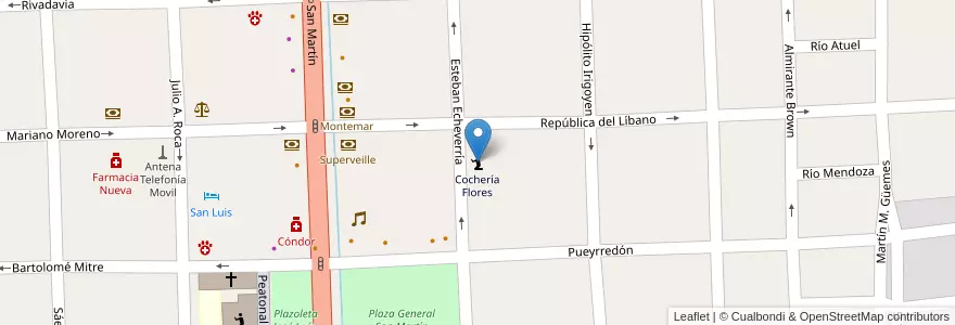 Mapa de ubicacion de Cochería Flores en Arjantin, Şili, Mendoza, Departamento Tunuyán, Distrito Ciudad De Tunuyán.