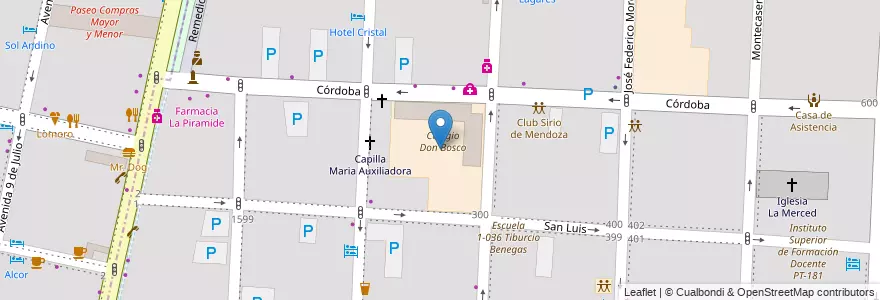 Mapa de ubicacion de Colegio Don Bosco en アルゼンチン, チリ, メンドーサ州, Departamento Capital, Ciudad De Mendoza, Sección 3ª Parque O'Higgins.