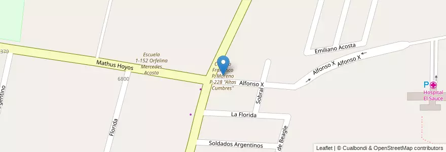 Mapa de ubicacion de Colegio Francisco P. Moreno P-228 "Altas Cumbres" en Arjantin, Şili, Mendoza, Departamento Guaymallén, Distrito El Sauce.