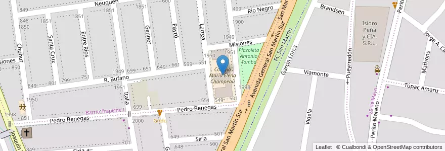 Mapa de ubicacion de Colegio María Elena Champeau en Arjantin, Şili, Mendoza, Godoy Cruz, Departamento Godoy Cruz, Distrito Gobernador Benegas.