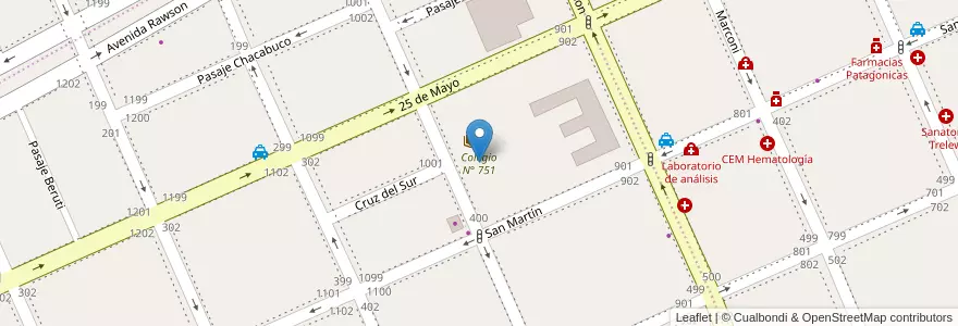 Mapa de ubicacion de Colegio N° 751 en الأرجنتين, شوبوت, Trelew, Departamento Rawson.