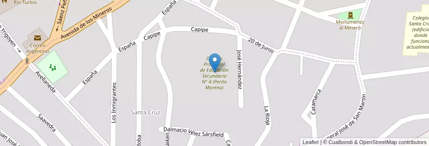 Mapa de ubicacion de Colegio Provincial de Educación Secundaria N° 4 (Perito Moreno) en アルゼンチン, Provincia De Última Esperanza, マガジャネス・イ・デ・ラ・アンタルティカ・チレーナ州, サンタクルス州, チリ, Güer Aike, Río Turbio, Río Turbio.