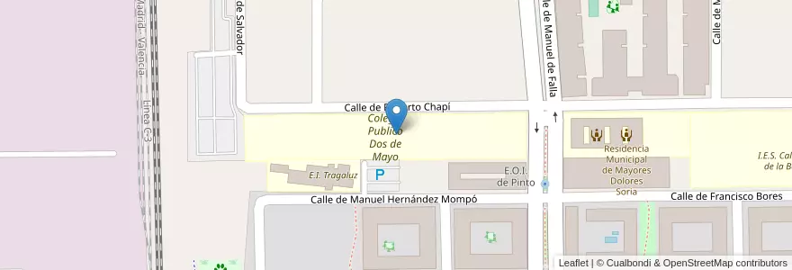 Mapa de ubicacion de Colegio Público Dos de Mayo en Spanien, Autonome Gemeinschaft Madrid, Autonome Gemeinschaft Madrid, Área Metropolitana De Madrid Y Corredor Del Henares, Pinto.