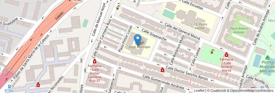 Mapa de ubicacion de Colegio Público Jorge Manrique en スペイン, マドリード州, Comunidad De Madrid, Área Metropolitana De Madrid Y Corredor Del Henares, Madrid.