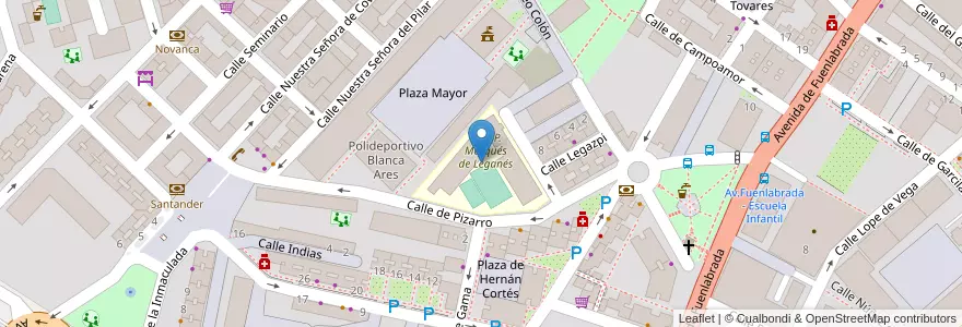 Mapa de ubicacion de Colegio Público Marqués de Leganés en Spanien, Autonome Gemeinschaft Madrid, Autonome Gemeinschaft Madrid, Área Metropolitana De Madrid Y Corredor Del Henares, Leganés.