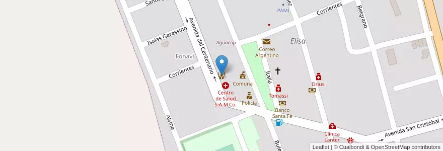 Mapa de ubicacion de Comedor comunitario "Niños Felices" en الأرجنتين, سانتا في, Departamento Las Colonias, Municipio De Elisa, Elisa.