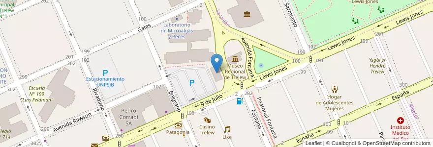 Mapa de ubicacion de Comedor universitario Luis Yllana en Arjantin, Chubut, Trelew, Departamento Rawson.