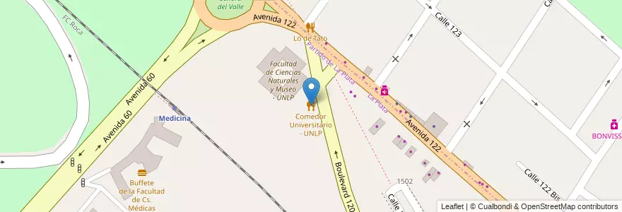 Mapa de ubicacion de Comedor Universitario - UNLP, Casco Urbano en 아르헨티나, 부에노스아이레스주, Partido De La Plata, La Plata.