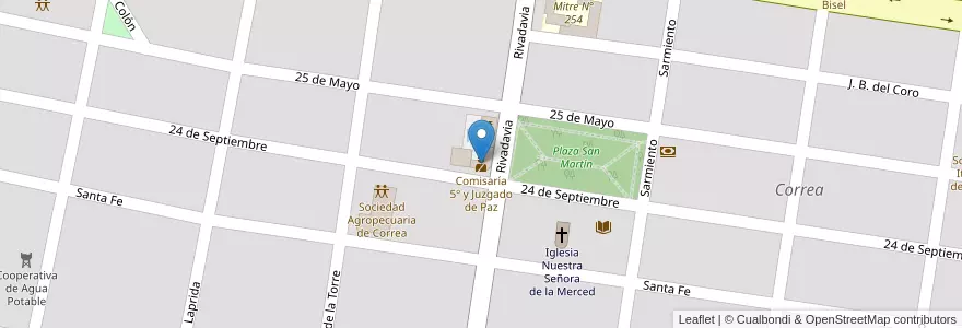 Mapa de ubicacion de Comisaría 5º y Juzgado de Paz en Argentinië, Santa Fe, Departamento Iriondo, Municipio De Correa, Correa.