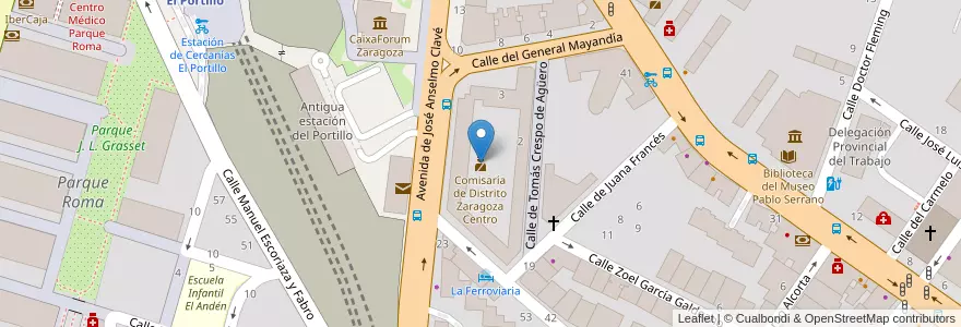 Mapa de ubicacion de Comisaría de Distrito Zaragoza Centro en 스페인, Aragón, 사라고사, Zaragoza, 사라고사.