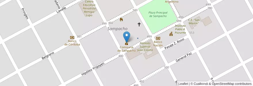 Mapa de ubicacion de Comisaría de Sampacho en الأرجنتين, Córdoba, Departamento Río Cuarto, Pedanía Achiras, Municipio De Sampacho, Sampacho.