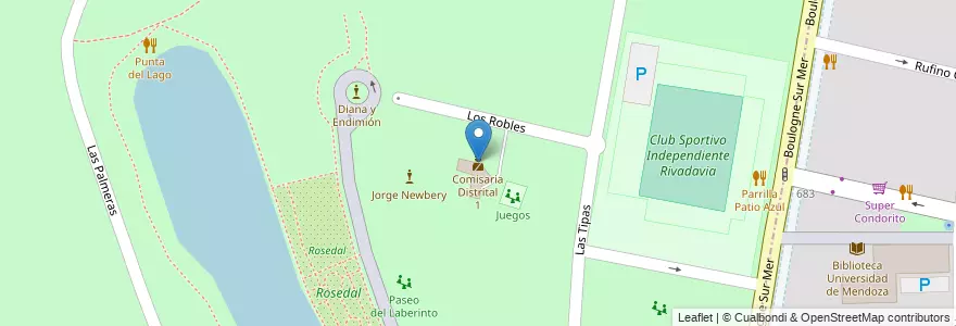 Mapa de ubicacion de Comisaria Distrital 1 en الأرجنتين, تشيلي, Mendoza, Departamento Capital, Sección 9ª Parque General San Martín, Ciudad De Mendoza.