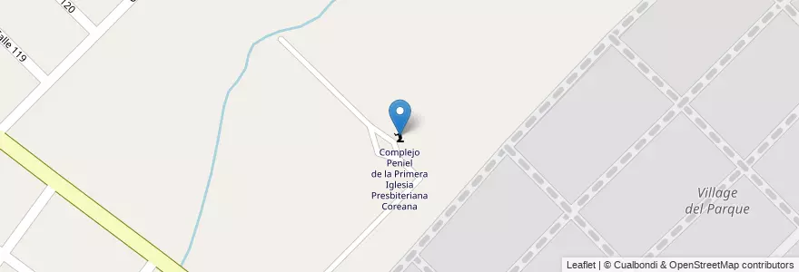 Mapa de ubicacion de Complejo Peniel de la Primera Iglesia Presbiteriana Coreana en アルゼンチン, ブエノスアイレス州, Partido De Berazategui, Juan María Gutiérrez.