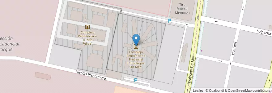 Mapa de ubicacion de Complejo Penitenciario Provincial I "Boulogne Sur Mer" en Argentina, Cile, Mendoza, Departamento Capital, Sección 7ª Residencial Parque, Ciudad De Mendoza.