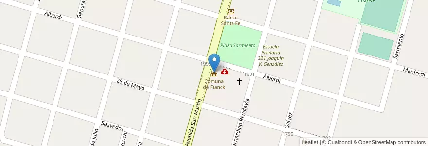 Mapa de ubicacion de Comuna de Franck en Argentina, Santa Fe, Departamento Las Colonias, Municipio De Franck, Franck.