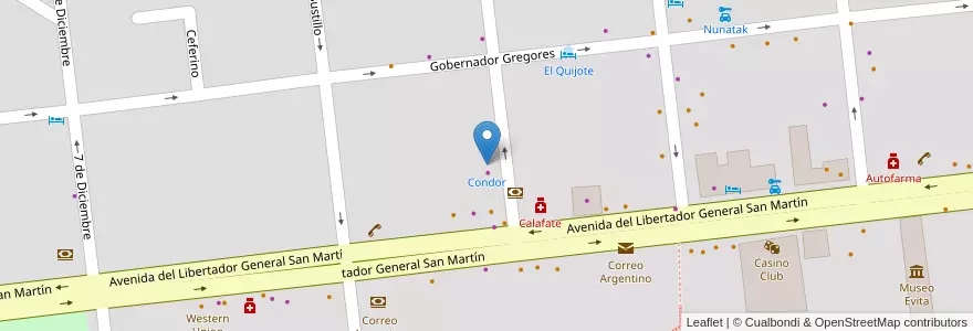 Mapa de ubicacion de Condor en 아르헨티나, 마가야네스이데라안타르티카칠레나주, 칠레, 산타크루스주, El Calafate, Lago Argentino.