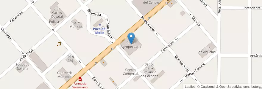 Mapa de ubicacion de Coop. Agropecuaria en 阿根廷, Córdoba, Departamento Río Segundo, Pedanía Calchín, Municipio De Pozo Del Molle, Pozo Del Molle.