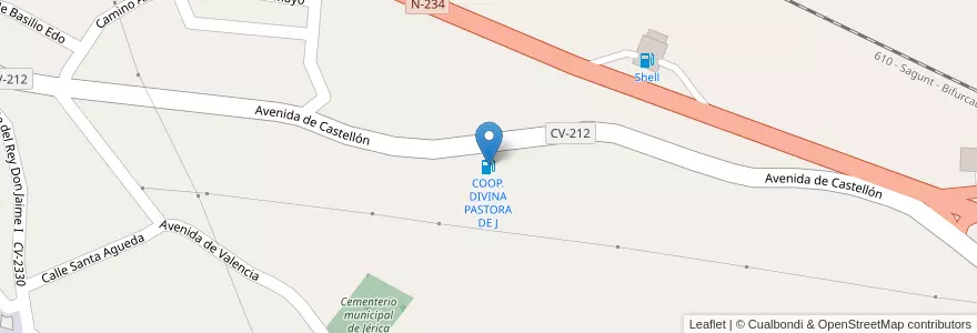 Mapa de ubicacion de COOP. DIVINA PASTORA DE J en スペイン, バレンシア州, Castelló / Castellón, L'Alt Palància, Jérica.