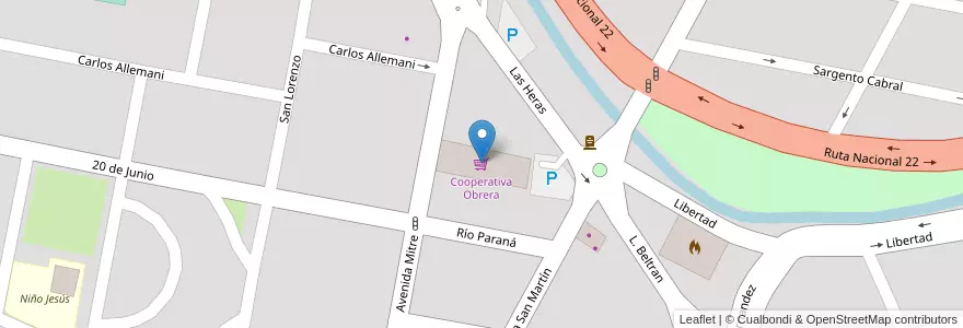 Mapa de ubicacion de Cooperativa Obrera en 阿根廷, 内格罗河省, Departamento General Roca, Villa Regina.