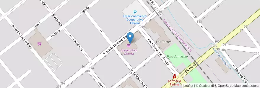 Mapa de ubicacion de Cooperativa Obrera en Arjantin, Şili, Río Negro, Municipio De Cinco Saltos, Departamento General Roca.