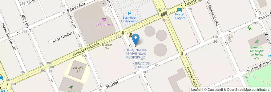 Mapa de ubicacion de COORDINACION DE VIVIENDAS MUNICIPALES en الأرجنتين, شوبوت, Trelew, Departamento Rawson.