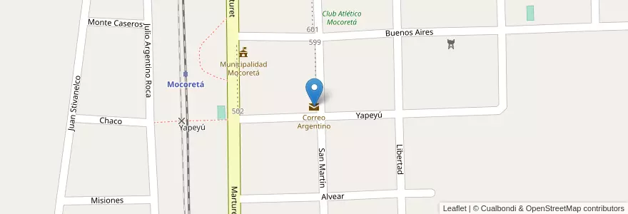 Mapa de ubicacion de Correo Argentino en 阿根廷, Corrientes, Departamento Monte Caseros, Municipio De Mocoretá.