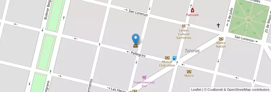Mapa de ubicacion de Correo Argentino en Arjantin, Santa Fe, Departamento Iriondo, Municipio De Totoras.