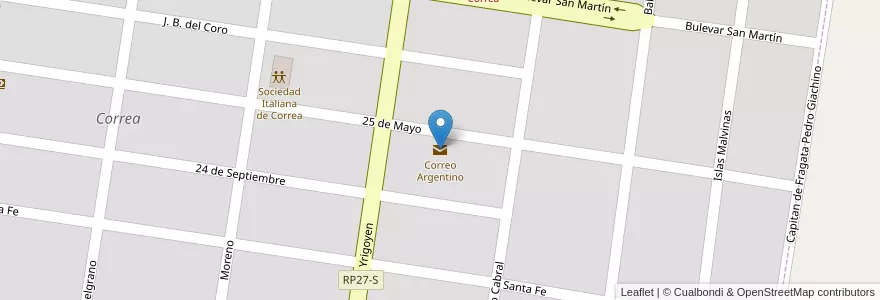 Mapa de ubicacion de Correo Argentino en Argentinien, Santa Fe, Departamento Iriondo, Municipio De Correa, Correa.