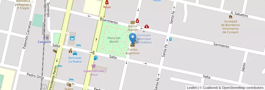 Mapa de ubicacion de Correo Argentino en Arjantin, Córdoba, Departamento Punilla, Pedanía Rosario, Municipio De Cosquín, Cosquín.