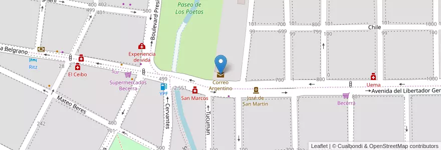 Mapa de ubicacion de Correo Argentino en Аргентина, Кордова, Departamento Santa María, Pedanía Alta Gracia, Municipio De Alta Gracia, Alta Gracia.