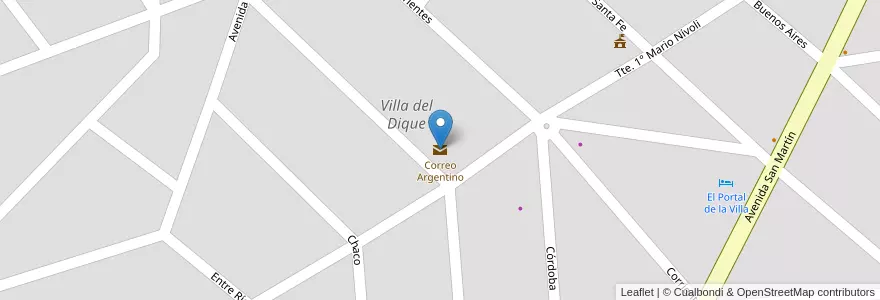 Mapa de ubicacion de Correo Argentino en Arjantin, Córdoba, Departamento Calamuchita, Pedanía Monsalvo, Municipio De Villa Del Dique, Villa Del Dique.