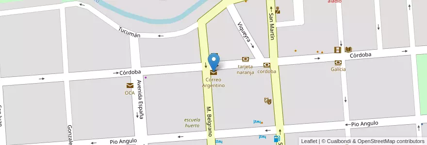 Mapa de ubicacion de Correo Argentino en Argentina, Córdova, Departamento Unión, Pedanía Bell Ville, Municipio De Bell Ville, Bell Ville.