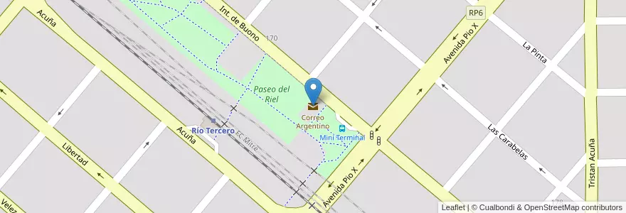 Mapa de ubicacion de Correo Argentino en Аргентина, Кордова, Departamento Tercero Arriba, Municipio De Río Tercero, Pedanía Salto, Río Tercero.