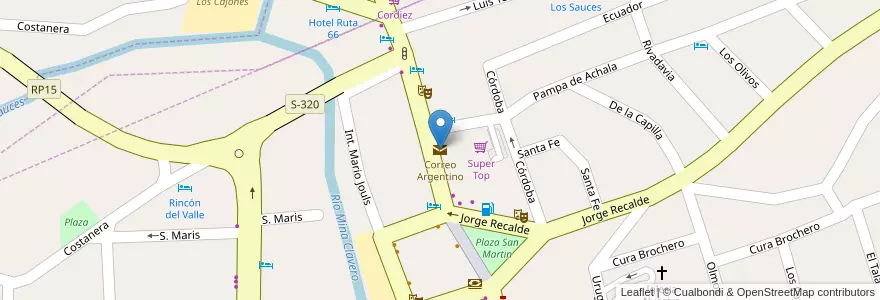 Mapa de ubicacion de Correo Argentino en 阿根廷, Córdoba, Departamento San Alberto, Pedanía Tránsito, Mina Clavero, Municipio De Mina Clavero.