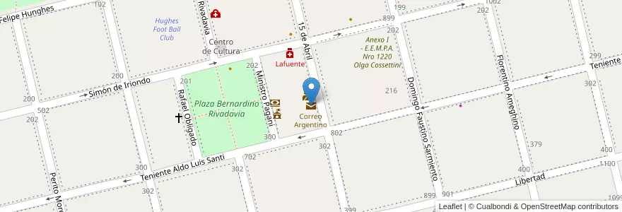 Mapa de ubicacion de Correo Argentino en Arjantin, Santa Fe, Departamento General López, Municipio De Hughes, Hughes.