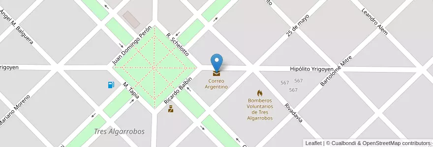 Mapa de ubicacion de Correo Argentino en Argentinië, Buenos Aires, Partido De Carlos Tejedor, Tres Algarrobos.