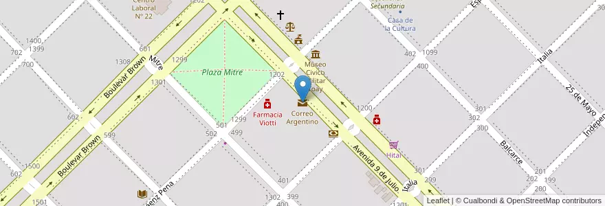 Mapa de ubicacion de Correo Argentino en Аргентина, Ла-Пампа, Departamento Toay, Municipio De Toay, Toay.