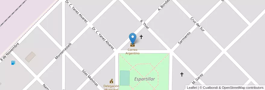 Mapa de ubicacion de Correo Argentino en 阿根廷, 布宜诺斯艾利斯省, Partido De Saavedra, Espartillar.