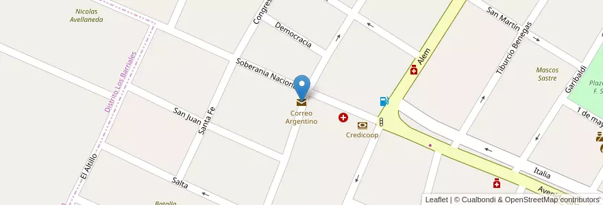 Mapa de ubicacion de Correo Argentino en Arjantin, Şili, Mendoza, Departamento San Martín, Distrito Palmira.
