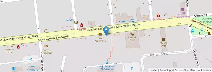 Mapa de ubicacion de Correo Argentino en 아르헨티나, 마가야네스이데라안타르티카칠레나주, 칠레, 산타크루스주, El Calafate, Lago Argentino.