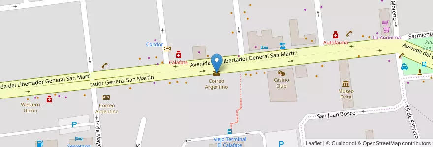 Mapa de ubicacion de Correo Argentino en 아르헨티나, 마가야네스이데라안타르티카칠레나주, 칠레, 산타크루스주, El Calafate, Lago Argentino.