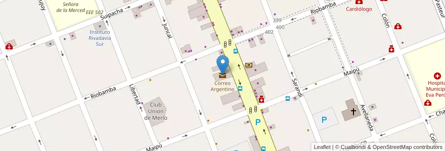 Mapa de ubicacion de Correo Argentino en Arjantin, Buenos Aires, Partido De Merlo, Merlo.