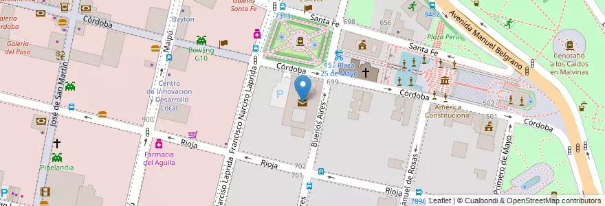 Mapa de ubicacion de Correo Argentino en 아르헨티나, Santa Fe, Departamento Rosario, Municipio De Rosario, 로사리오.