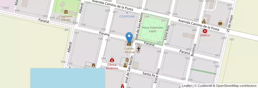Mapa de ubicacion de Correo - Mutual en Arjantin, Santa Fe, Departamento Iriondo, Municipio De Bustinza, Bustinza.